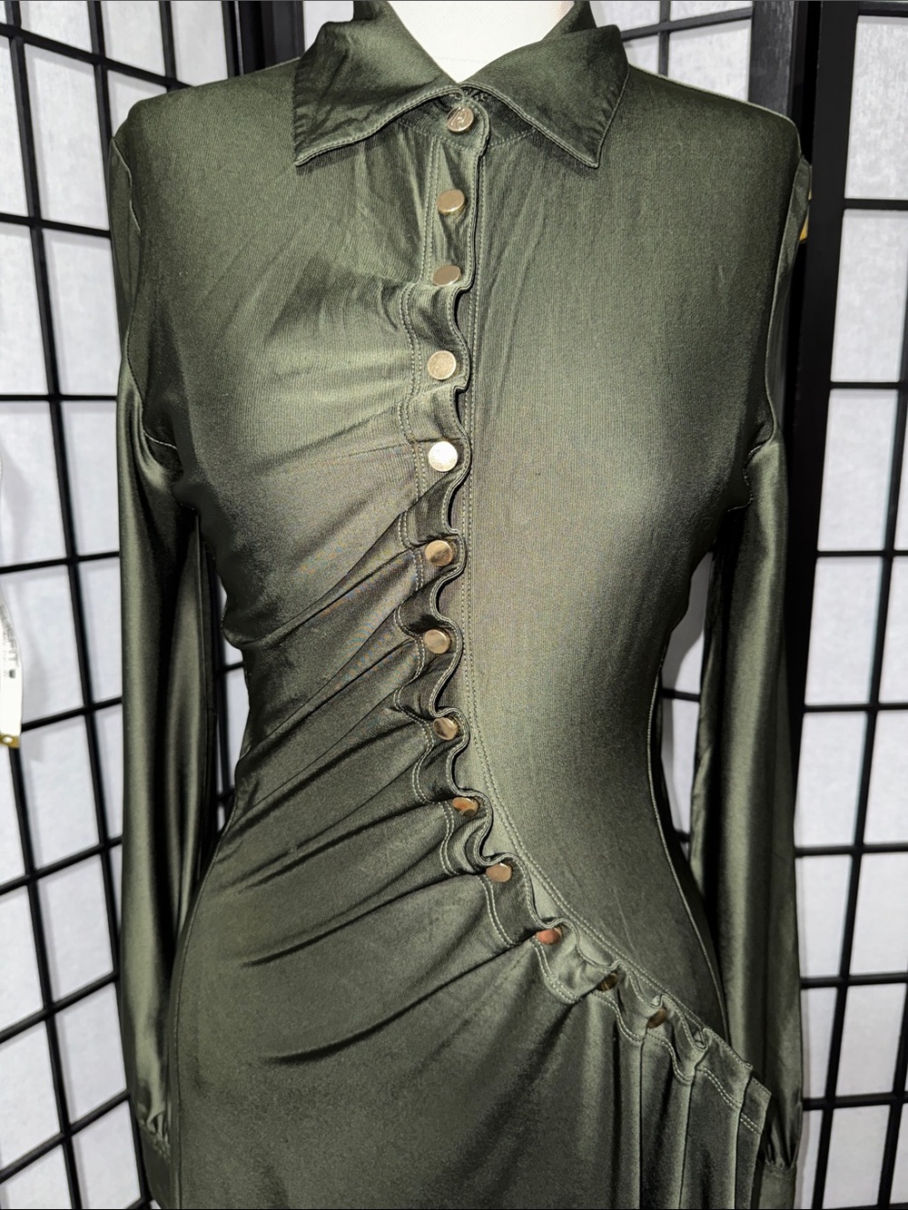 Rabanne Robe Asymmetrical Button Detail Dress – Olive Green – Size US 4 (FR 38) - Picture 8 of 17
